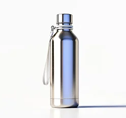 Herbruikbare roestvrijstalen waterfles met metalen dop en riem, ideaal voor hydratatie, sporten in de sportschool en een milieuvriendelijke levensstijl.